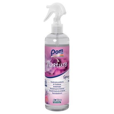 Frasco transparente de desodorizante ambiental Pom Nature Spring com pulverizador branco e etiqueta rosa com flores