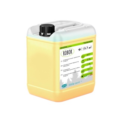 Recipiente plástico amarelo com rótulo ROBOR e tampa preta
