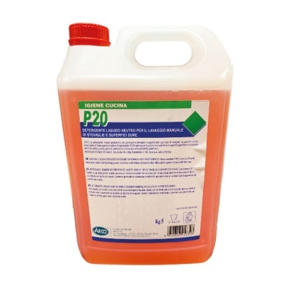 Galão plástico branco com tampo vermelho e etiqueta de detergente líquido