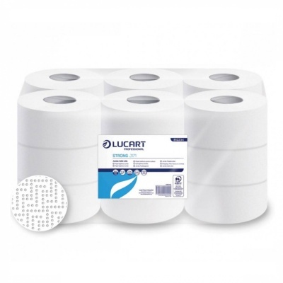 Pacote com seis rolos de papel higiénico branco LUCFRT PROFESSIONAL STRONG com etiqueta