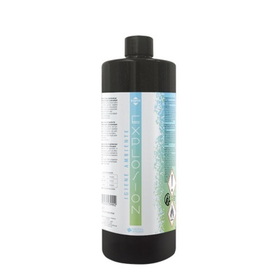 Frasco preto com rótulo branco e azul, texto LUXAFLOR-20, produto de higiene ambiental