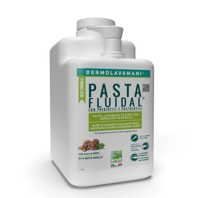 Frasco branco de Pasta Fluidal Dermolavamani, rótulo verde e branco, tampa de pressão