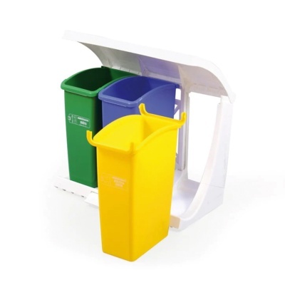 Três contentores de reciclagem empilháveis verde, azul e amarelo com suporte branco aberto