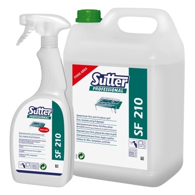 Produtos Sutter Professional SF 210 em frasco de spray e garrafa grande, ambos brancos com rótulos coloridos