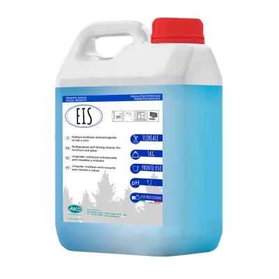 Frasco de plástico com líquido azul e etiqueta de produto de limpeza