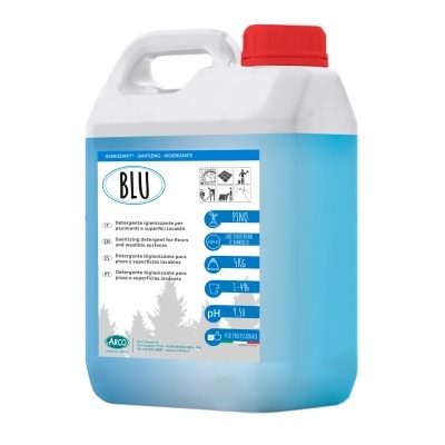 Recipiente de detergente higienizante BLU com líquido azul e tampa vermelha