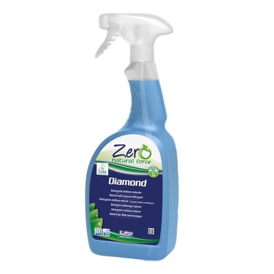 Frasco spray azul com pulverizador branco e rótulo azul e branco.