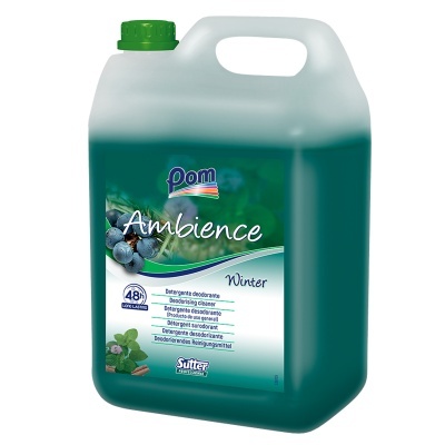 Recipiente plástico translúcido com detergente verde e rótulo Pom Ambience Winter