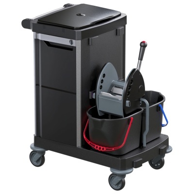 Carrinho de limpeza preto com baldes e sistema de centrifugação manual