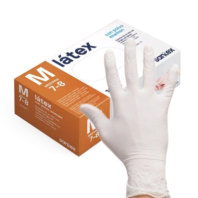 Luvas de látex brancas e caixa de luvas Sanitex tamanho M 7-8