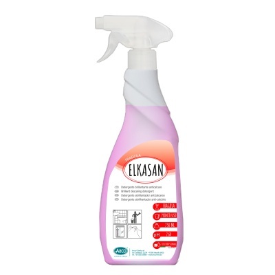 Frasco de spray de limpeza Elkasán cor de rosa com rótulo branco e vermelho