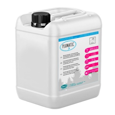 Recipiente plástico branco com tampa preta e etiqueta azul e rosa com texto PLUMATIC 3