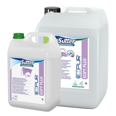 Dois bidões brancos de detergente Sutter oxipur Soft Plus com tampas verde e preta