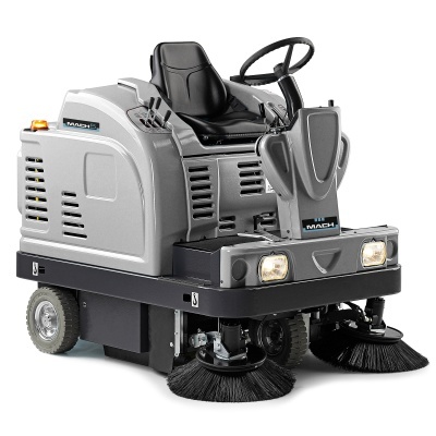 Máquina de limpeza industrial com escovas frontais e assento preto