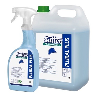 Embalagem de detergente multiusos Sutter Professional PLURAL PLUS spray e recipiente grande.