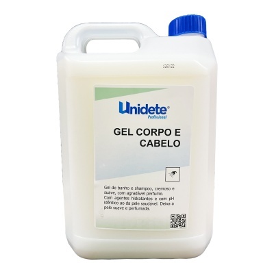 Frasco branco com tampa azul de gel para corpo e cabelo Unidete