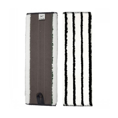 Pano limpo para mop com riscas pretas e brancas e traseira cinzenta com etiqueta TWT