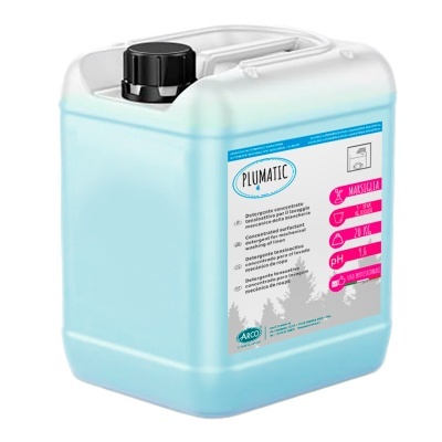 Recipiente plástico azul com detergente PLUMATIC e tampa preta