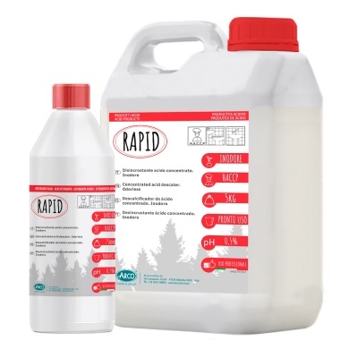 Produtos de desincrustante ácido concentrado RAPID em embalagens plásticas brancas com tampas vermelhas