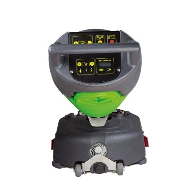 Máquina de acabamento verde e cinza com controles pretos e amarelos