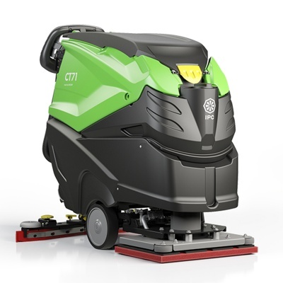 Máquina de limpeza industrial verde e preta modelo C171 da IPC com rodas e base vermelha