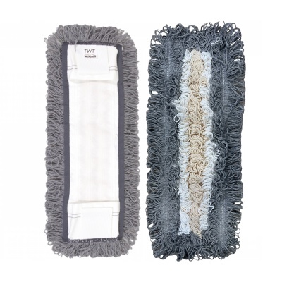 Conjunto de esfregonas retangulares, uma branca e outra com franjas cinzentas e brancas