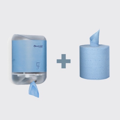 Dispenser plástico branco com papel azul e rolo de papel azul
