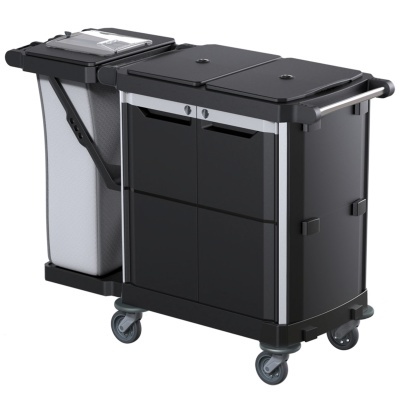 Carrinho de limpeza profissional preto com rodas e saco de lixo