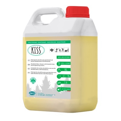 Recipiente plástico com tampa vermelha e rótulo branco KISS para limpeza e manutenção