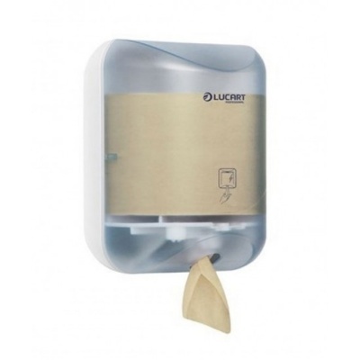 Dispenser de toalhetes de papel branco e bege da marca Lucart com toalhete a sair
