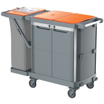 Carrinho de serviço em plástico cinzento com tampas laranja e rodas