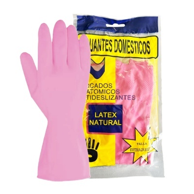 Luvas de látex natural cor de rosa para uso doméstico, tamanho extragrande, em embalagem amarela e azul