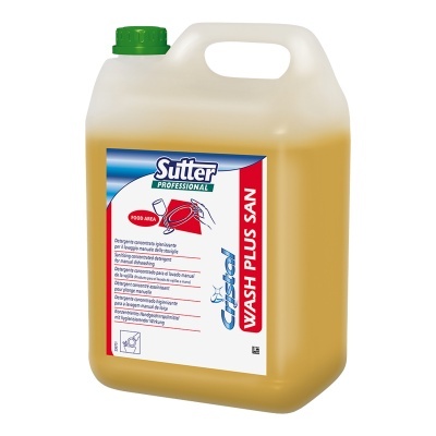 Recipiente plástico amarelo com tampa verde e etiqueta Sutter Professional Wash Plus San