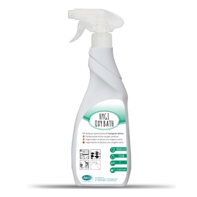 Spray de limpeza HYGI OXY BATH branco com rótulo verde e branco