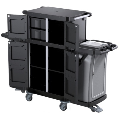 Carrinho de limpeza profissional com compartimentos e rodas