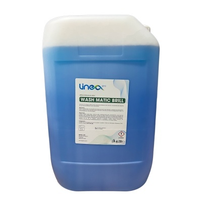 Recipiente plástico azul translúcido com líquido e etiqueta frontal Linea Pro Wash Matic Brill