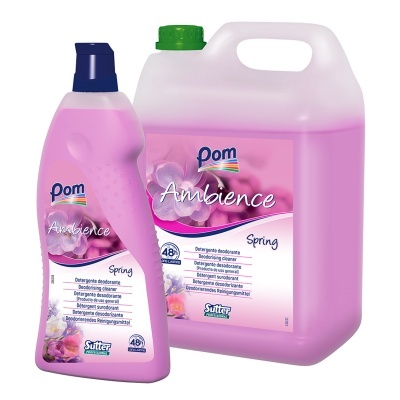 Dois frascos cor-de-rosa de detergente Pom Ambience Spring com etiquetas e tampas coloridas
