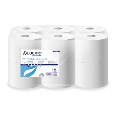 Pack de seis rolos de papel Lucart Professional Strong L-One Mini 180 com embalagem branca e azul