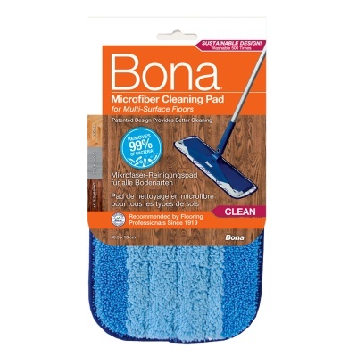 Almofada de limpeza de microfibra azul Bona para pavimentos com embalagem laranja e branca