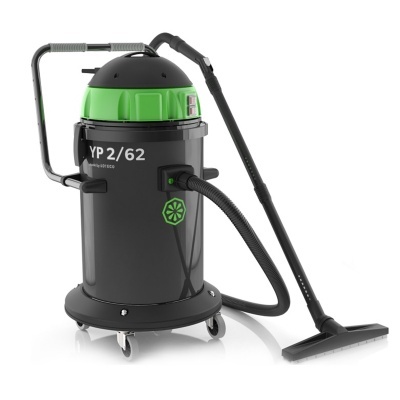 Aspirador industrial preto e verde com mangueira e rodas