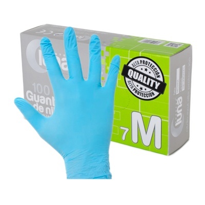 Luvas descartáveis azuis tamanho M e caixa com 100 unidades