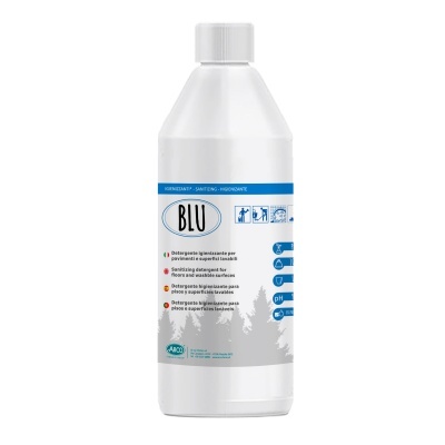 Frasco branco de detergente higienizante BLU com etiqueta cinza e azul