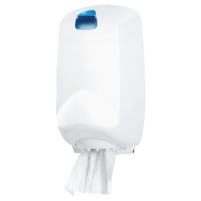 Dispenser branco de papel com botão azul e toalha a sair