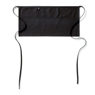 Avental curto preto com bolso frontal e fitas para amarrar