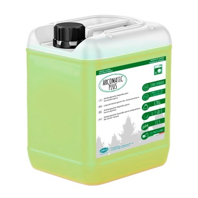 Recipiente plástico verde com etiqueta ARCOMATIC PLUS e tampa preta