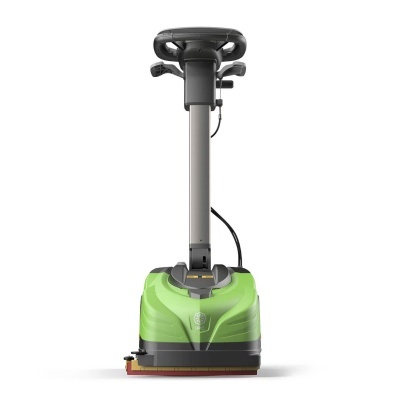 Máquina de limpeza verde com volante preto e coluna cinzenta