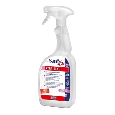 Spray de limpeza Sanify XTRA-ALKO com álcool 76%, embalagem branca e rótulo colorido.