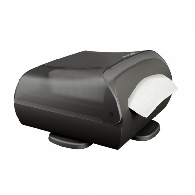 Dispenser de papel preto com papel branco visível