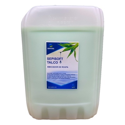 Recipiente plástico grande com etiqueta azul e branca de amaciador de roupa Sepisoft Talco