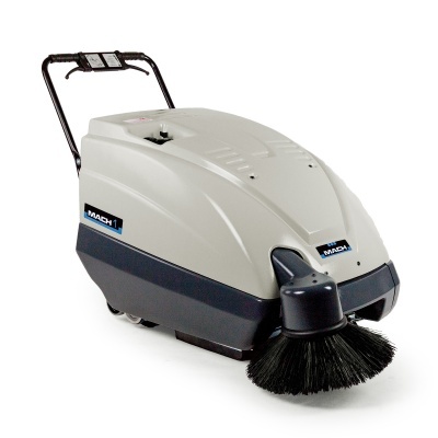 Máquina de varrer cinzenta e preta com escova redonda frontal.